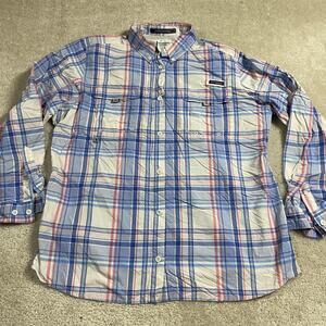 Columbia PFG Super Bahama Shirt Mens XL Blue Pink Plaid Fishing Vented Button Up